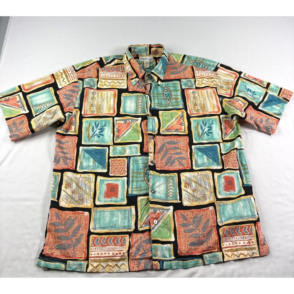 Vintage Norm‎ Thompson Shirt Mens L Geometric Hawaiian Camp Tori Richards Aloha